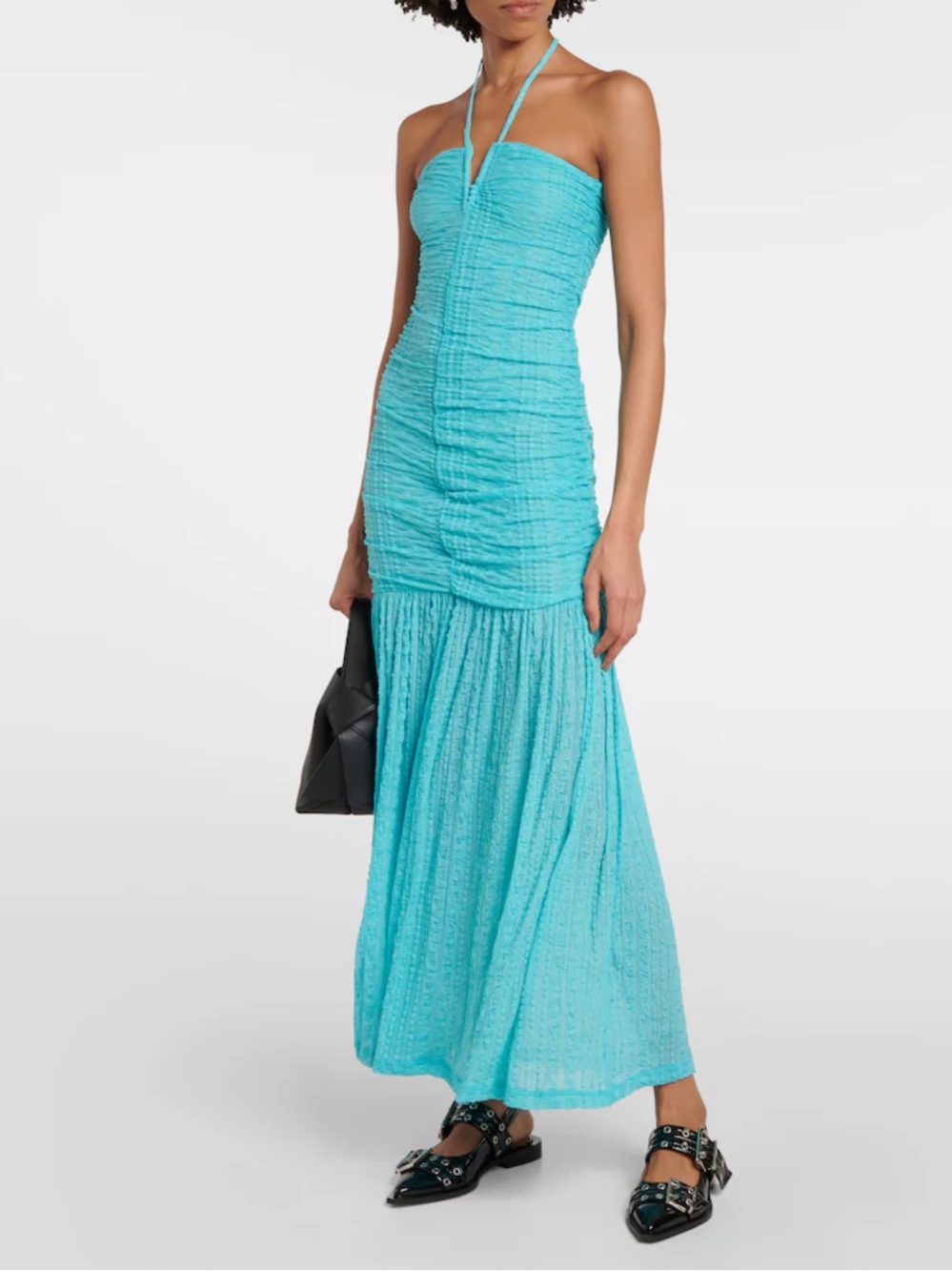 Ganni ruched lace stretch maxi dress